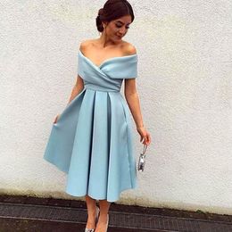 Cheap Sexy Short Prom Dresses 2016 Glamorous Off Shoulder Elegant Light Sky Blue A Line Satin Dress Party Evening Tea Length Fast Shipping