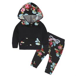 New Girls Clothes Autumn Baby Clothes Set Fashion Black Floral Hooded+Pants 2PCS Girls Boutique Outfits Baby Girl Set Girls Clothing Sets