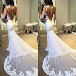 Elegant Mermaid Wedding Dress Plunging Neck Sleeveless Lace Appliques Embroidery Sheer Back Attached Train Sexy Bridal Gowns