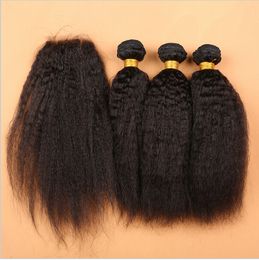 7A Malaysian Kinky Straight Human Hair With Lace Closure 4Pcs Lot Malaysian Italian Coarse Yaki Hair Weave Bundles 3Pcs With Closure