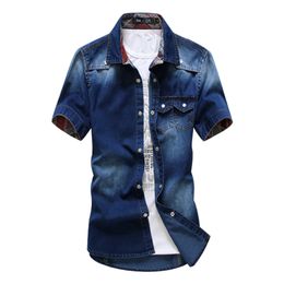 Wholesale-2016 New Fashion Man Short Shirt Summer Men's Short-Sleeved Denim Shirts High Quality Cotton Casual Tops For Man Solid Color