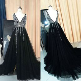 Illusion Bodice Sexy Black Evening Gown A Line Deep V Neck Backless Sparkly Beads Sequins Crystal Tulle Evening Dress Prom Gowns