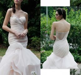 Sexy Crystals Beaded Ruched Wedding Dresses 2017 Summer Sheer Back Organza Ruffles Mermaid Bridal Gowns Floor Length Wedding Dresses