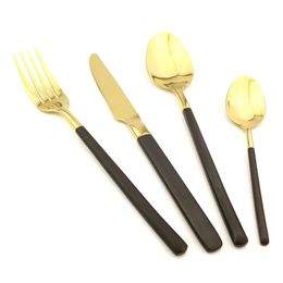 JK HOME 4pcs/set 24K Gold Cutlery Set Stainless Steel Flatware Set Black Handle Tableware Dinner Spoon Polishing Dinnerware Set For 1-6