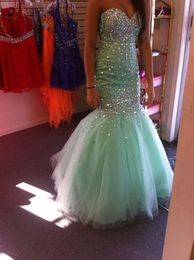 Bling Mermaid Mint Green Evening Dresses 2016 New Cheap Sweetheart Crystal Beading Tulle Long Sweep Train Formal 2k16 Prom Dress Party Gowns