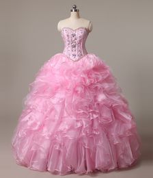 2019 New Sexy Pink Quinceanera Dresses Ball Gowns With Beads Crystals Lace Up Sweet 16 Dresses 15 Year Prom Gowns Stock 2-16 QS1043