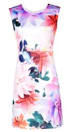 Fashion Flower Print Women Sheath Dress Round Neck Casual Dresses 084A674