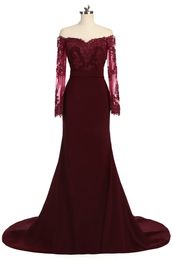 Fashion Dark Red Off the shoulder Long Prom Dress Cheap With Illusion Lace Sleeves Mermaid Chiffon Beaded Bridesmaid Evening Party 2022