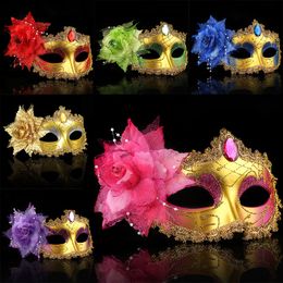 2017 New Masquerade Masks Venetian Face Mask Fashion Rose Bead Chain Crystal Party Decoration Halloween Christmas Gift WX9-77