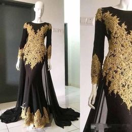 Arabic Evening Dresses Mermaid Black and Gold Applique Long Sleeves Floor Length Prom Dress Custom Made Evening Gowns