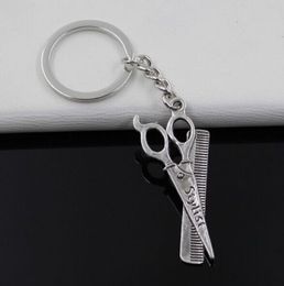 Fashion 20pcs Key Ring Keychain Jewelry Silver Plated barber scissor comb stylist