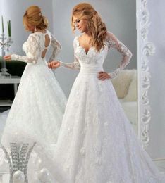 Lace Sheer Illusion Long Sleeves A-line Wedding Dresses Sweetheart Beaded Hollow Back Applique Sexy Plus Size Court Train Bridal Gowns