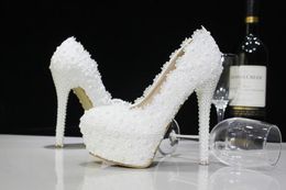 Fashion Luxury Beaded White Lace Pearls Wedding Shoes High Heels Bridal Shoes Party Prom Women Shoes Free Shipping