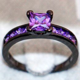 Fashion Engagement Wedding Ring Set 10KT Black Gold Filled with inlay squaer Purple Simulated diamond CZ Ring Girl