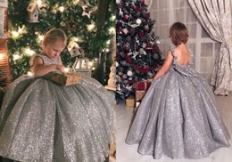 Silver Sleeveless Ball Gowns Backless Bow Girls Pageant Dresses Floor Length Sequins Bling Flower Girl Dress For Wedding Birthday Party Wear