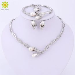 African Beads Jewellery Sets For Women Party Wedding Bridal Dress Accessories Silver Plated Crystal Necklace Bracelet Earrings Set