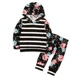 Yenidoğan Toddler Bebek Kız Giysileri Çizgili Çiçek Siyah Uzun Kollu Hoodie Tops + Pantolon 2 adet Çocuklar Kıyafetler Set Çocuk Giyim Kız Suit
