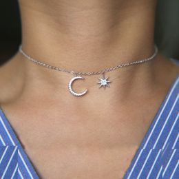 2017 fashion Jewellery simple christmas design delicate chain 3 Colour micro pave cz sparling moon star pendant choker necklace