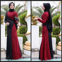 The Newest Design Black Red Long Arab Muslim Evening Dresses A Line Lace Beaded Long Sleeves Floor Length Women Party Gowns