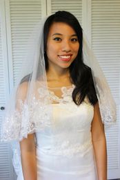New Top Fingertip Length White Ivory Wedding Veil Lace Edge Bridal Veil Two layer With Comb Tulle
