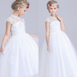 Beautiful Flower Girls Dresses for Weddings Princess Puffy Tulle Girls Pageant Gowns Sheer Neck Keyhole Corset Back Lace Appliques Kids Wear