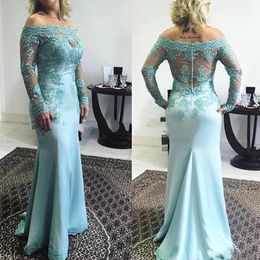 Stunning Mother of the Bride Dresses Mermaid Sheer Off the Shoulder Illusion Long Sleeves Beaded Lace Appliques See Through Back Buttons