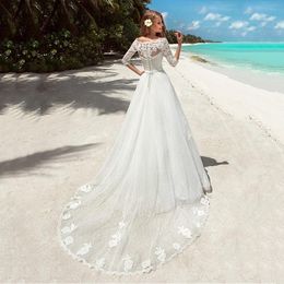 Charming Bateau Neckline Tulle A-line Wedding Dresses Elegant Lace Appliques Half Sleeves Wedding Gowns Beach Bridal Dresses Custom Made