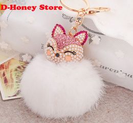 16CM rabbit fur fox key chains Bling Rhinestone Fox Real Rabbit Fur Ball Fluffy Keychain Car Key Chain Ring Pendant Bag Charm275E