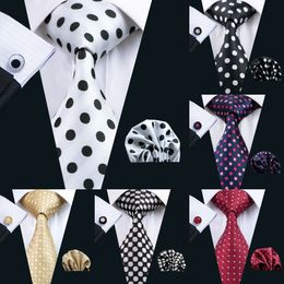 -HI-TIE MENS MENS 8.5CM Cravate de soie Polka Dots Style En Gros Craviche Hanky ​​Boutons de manchette Classic Silk Jacquard Tissé