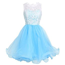 Cheap Abiti da ritorno a casa in pizzo Top Light Blue Organza Gonna Gonna Gioiello Collo senza maniche corte Breve Prom Gowns Fatto per ordinare alta qualità