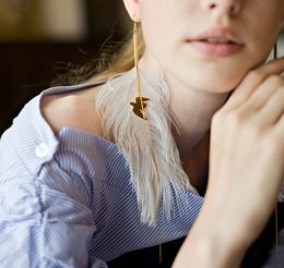 idealway Long Feather Drop Earrings Tassel Chain Small Gold Pigeon Pendant Hook Earring Ear Jewellery