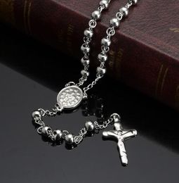 Fine Jewelry Men Women's 6mm 28''+5'' Round Bead Silver Top Quality Stainless Steel Crucifix Rosary CROSS Necklace Chain