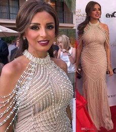 Luxury High Quality Red Carpet Formal Evening Dresses Beaded High Neck Pearls Plus Size Mermaid Celebrity Party Dresses Gowns for Prom 016