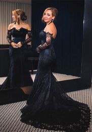 Black Lace Formal Dresses Evening Wear Off The Shoulder Sweetheart Neck Mermaid Evening Gowns Sleeves Sweep Train Long Prom Dress