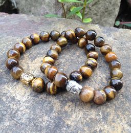 SN0386 Designer 10 mm tiger eye buddha bracelet natural stone bead man bracelets silver buddha head bracelet