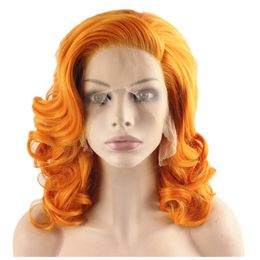 16inch Medium Long Wavy Heat Resistant Fibre Orange Lace Front Wig