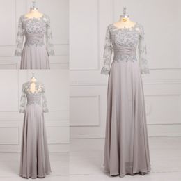 Plus size Sliver Long Sleeves Mother of the Bride Groom Dresses Chiffon Illusion Jewel Neck Applique Beaded Hollow Back Prom Evening Gowns