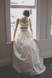 Simple Two Piece Crop Top Wedding Dresses vestido de noiva Casual boho wedding dress robe de mariage Ruched Satin Skirt Cheap Custom Made