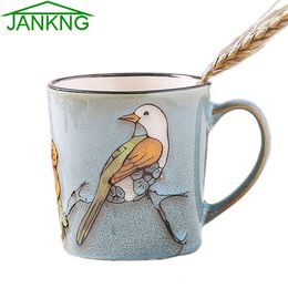 JANKNG 500mL Handmade Ceramic Mug Cups Round Porcelain Cups Bird Design Water Bottle Coffee Milk Drink Mugs Birthday Girl Gift