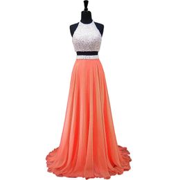 Elegant White Coral Chiffon Pearls Dresses Prom Evening Gowns Halter A line Backless Cheap Beaded Long Two Pieces Formal Pageant Dress