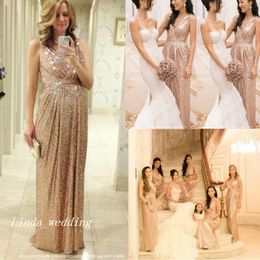 Rose Gold Sparkly Sequins Bridesmaid Dress Popular A-Line V-neck Floor Length Long Maid of Honour Wedding Party Gown