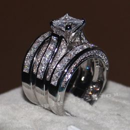 Vecalon fina jóias princesa corte 20ct cz diamante casamento casamento banda anel set para mulheres 14kt branco ouro enchido anel de dedo