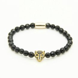 Wholesale 10pcs/lot 6mm A Grade Facted Black Onyx Stone Beads with Blue Cz Beads Leopard Mens Beaded Bracelets