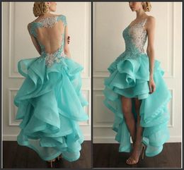 Sexy Hi-Lo Sleeveless Prom Dress With Appliques Ruffles Organza Blue and White Sexy Backless Evening Dress vestidos de fiesta plus size