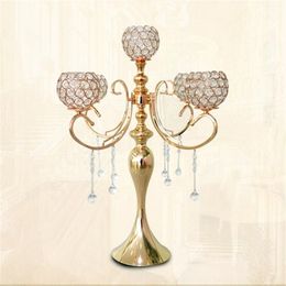 65cm height 5-arms metal Gold candelabras with pendants sumptuous wedding table candle holder home decoration 10 pcs/lot