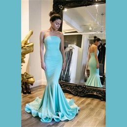 Simple Evening Dresses Strapless Mermaid Style Ruffles Prom Gowns Back Zipper Sweep Train Custom Made Cheap Formal Occasion Party Dress