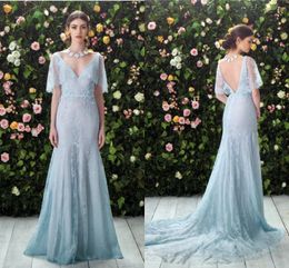 Light Blue Lace V Neck Evening Dresses 2017 Sexy Open Back Cap Sleeve Mermaid Prom Dresses Sweep Train Formal Party Dresses
