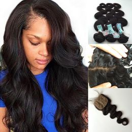 Unprocessed brazilian body wave 3 bundles with 1 pcs silk base closure top quality 100% virgin human hair weft and wavy body closure