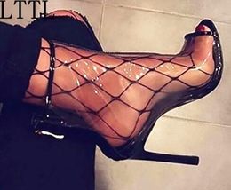 Scarpe da donna in plastica trasparente in PVC Scarpe con punta aperta Stivaletti alla caviglia con cerniera Sottili tacchi alti Stivali trasparenti Scarpe da donna 2017