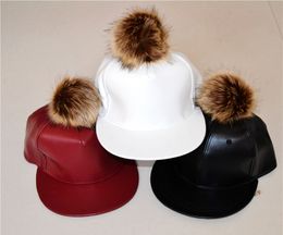 PU Leather baseball cap pom pom faux fur hats harajuku style adjustable snapback fashion caps for woman and man Free Shipping